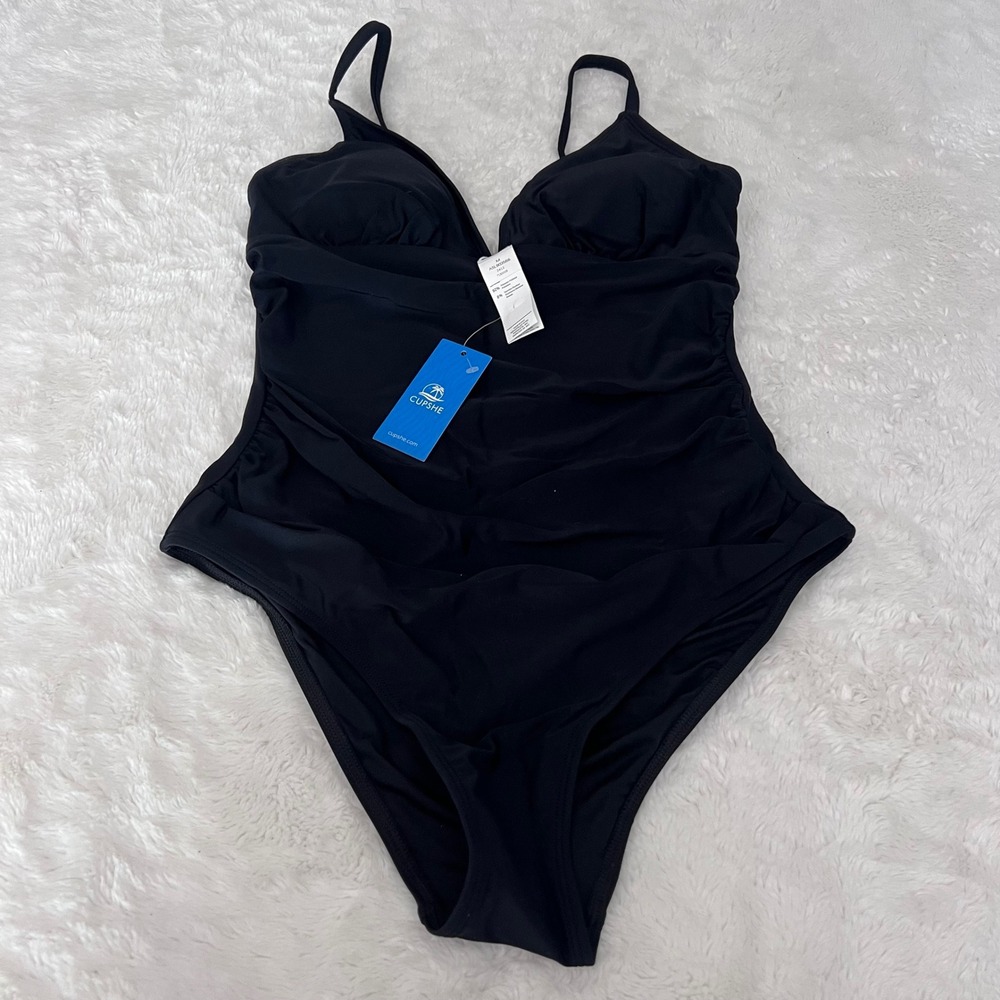 Cupshe Black Ruched V-Neck One Piece Swimsuit ASL9035BB Adjustable Straps Size M